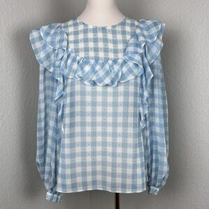 Topshop Women's Yoke Long Sleeve Ruffle Blue Blouse Sheer Check Size 8